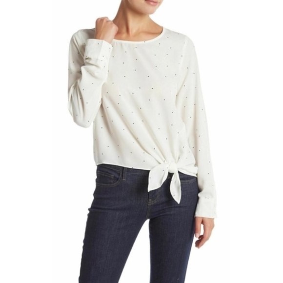 Socialite white/blk Tie Front Blouse - Picture 1 of 6